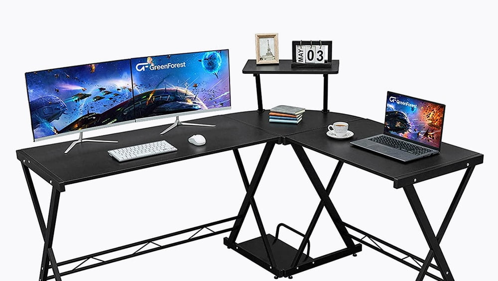 GreenForest reversible L-shaped desk with mobile shelf, two monitors and a laptop on it.