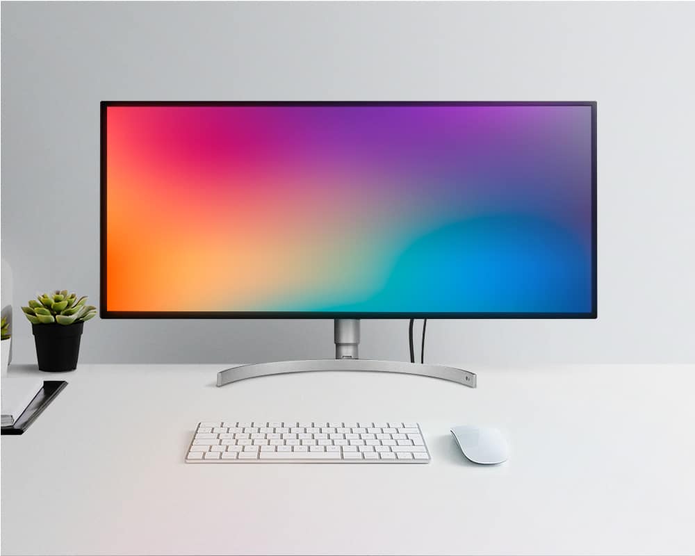 Front view of a 34" LG 21:9 UltraWide 5K2K 34" monitor on a desk