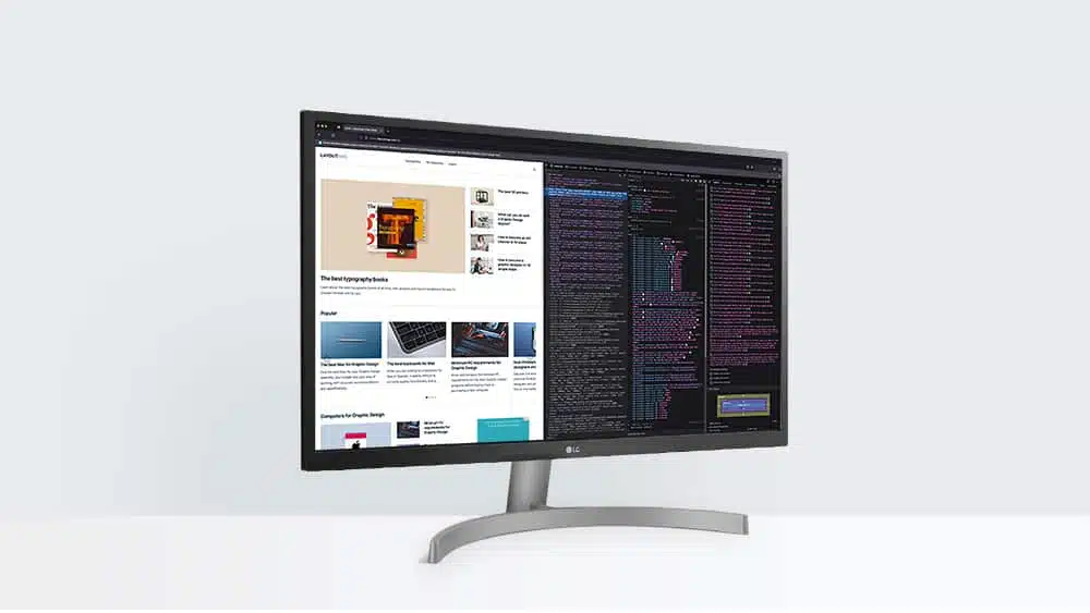 Front view of the LG 27UL500-W monitor on a desktop table