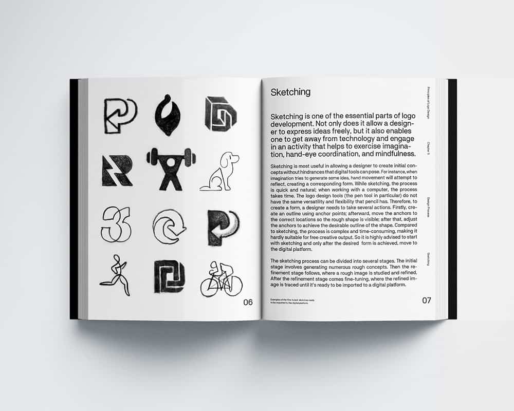 Close-up of the inside pages of the book "Principles of logo design" by author George Bokhua.