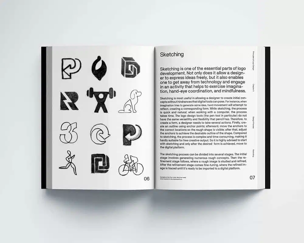 Close-up of the inside pages of the book "Principles of logo design" by author George Bokhua.